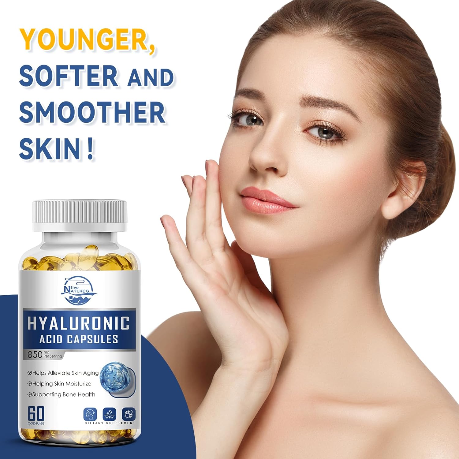 High Potency Hyaluronic Acid Supplements for Skin and Joints - 850mg Capsules for Hydration and Lubrication - 180 Count