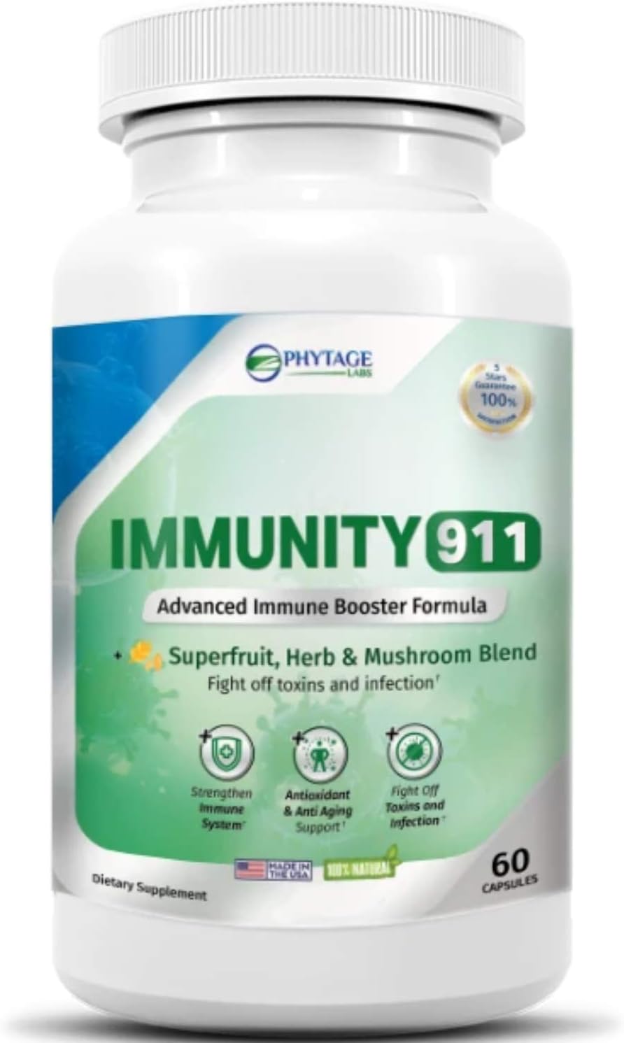 High Potency Immunity Support Supplement with Natural Ingredients - Turmeric, Vitamin C, B6, E, Zinc - 60 Capsules by Phytage Labs