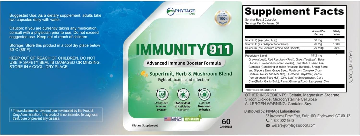 High Potency Immunity Support Supplement with Natural Ingredients - Turmeric, Vitamin C, B6, E, Zinc - 60 Capsules by Phytage Labs