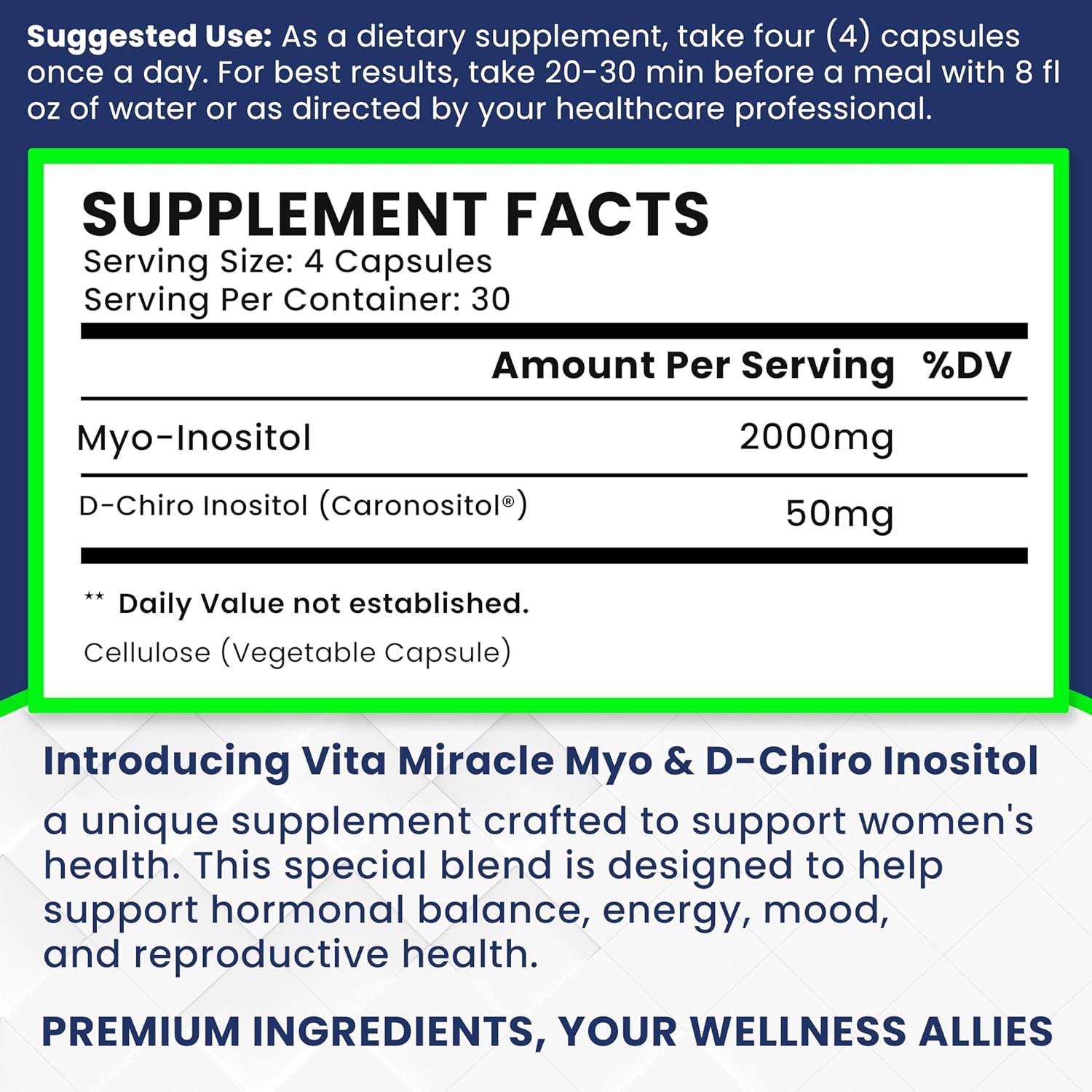 High Potency Inositol Supplement for Women - 120 Capsules 2000mg 40:1 Ratio Myo & D Chiro Inositol Blend - Hormone Balance and PCOS Support - Full Month Supply