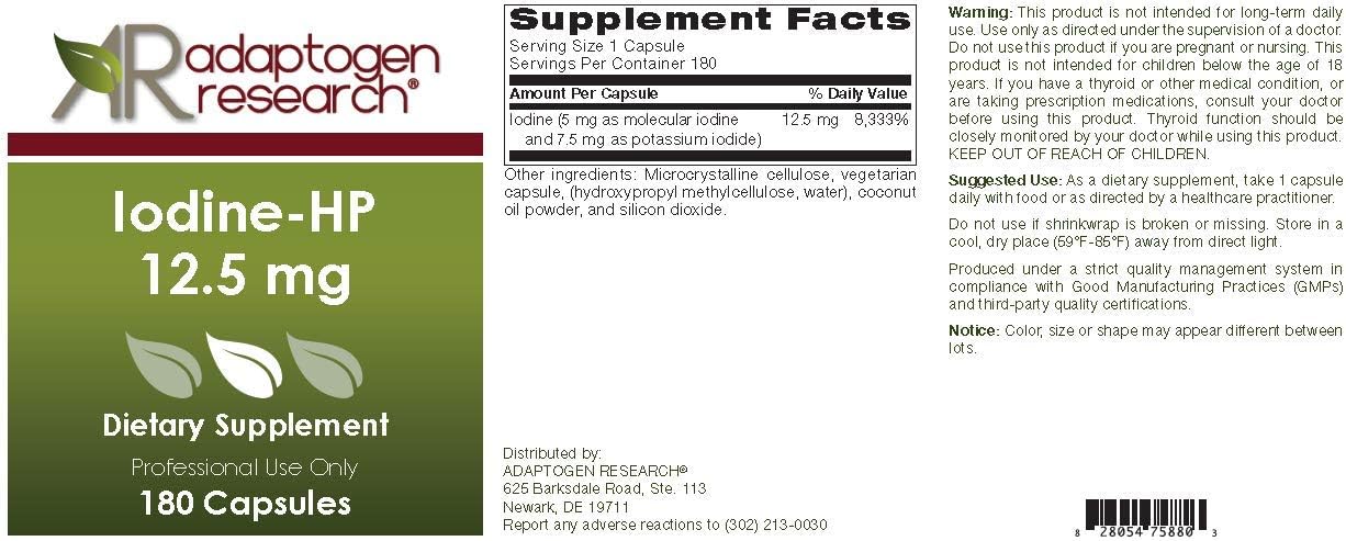High Potency Iodine Complex - 12.5 mg with Sodium Iodide & Potassium Iodide - 180 Vegetarian Capsules by Adaptogen Research