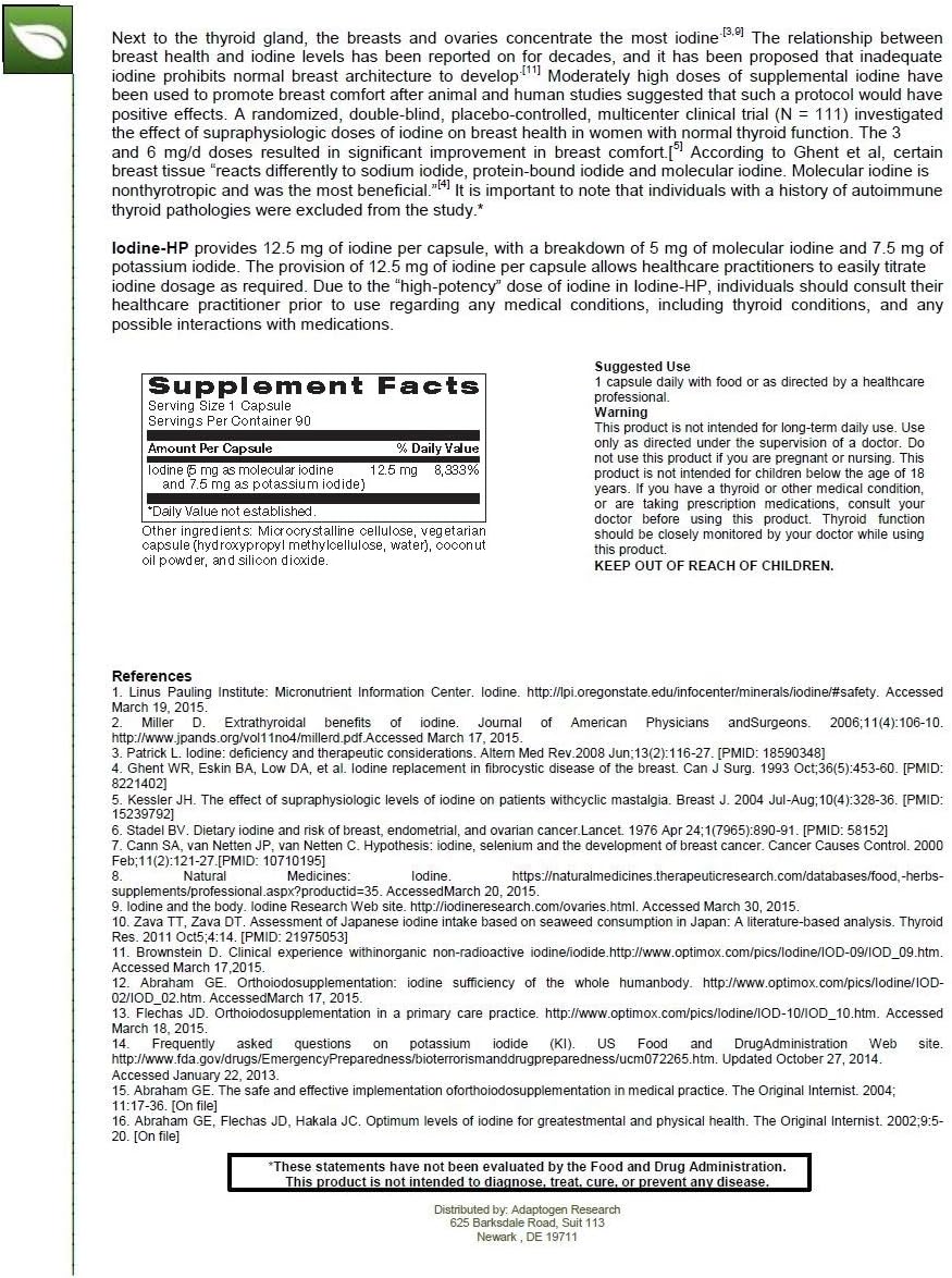 High Potency Iodine Complex - 12.5 mg with Sodium Iodide & Potassium Iodide - 180 Vegetarian Capsules by Adaptogen Research