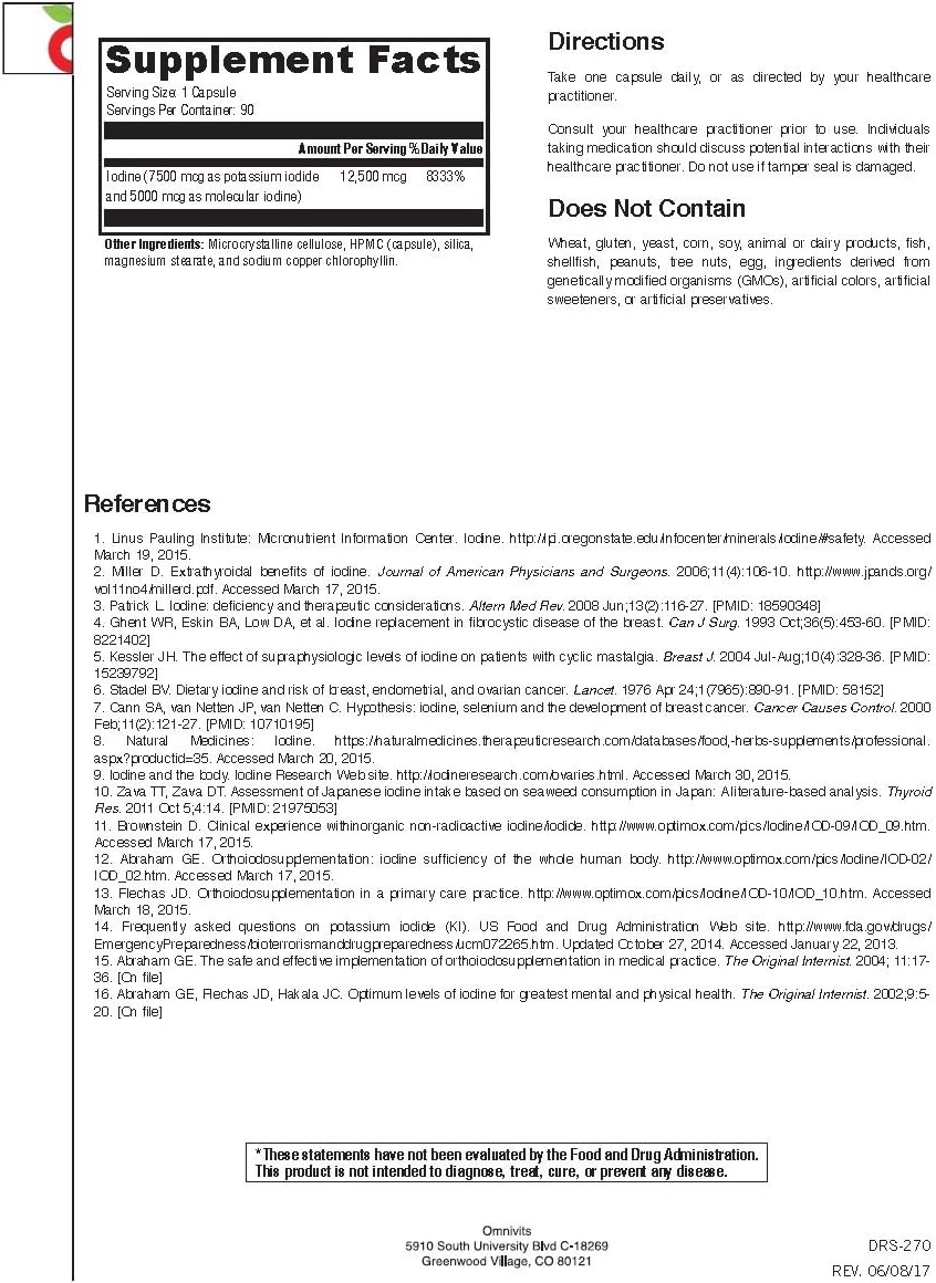 High Potency Iodine Complex Supplement - 12,500 mcg Dose - Potassium Iodide & Molecular Iodine - 90 Veg Capsules