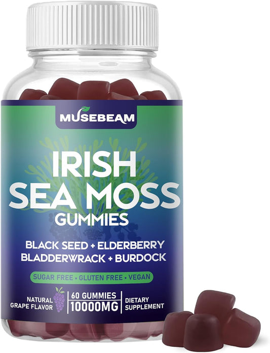High-Potency Irish Sea Moss Gummies with Elderberry, Black Seed, and Omega-3 - Vegan Seamoss Supplements for Men and Women, Sugar-Free