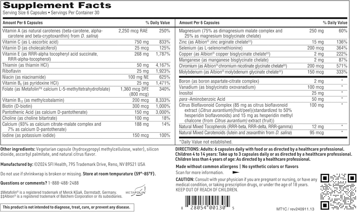 High Potency Iron-Free Multivitamin & Multimineral Capsule with Essential Micronutrients - Bioactive Folate & B12 - 180 Capsules