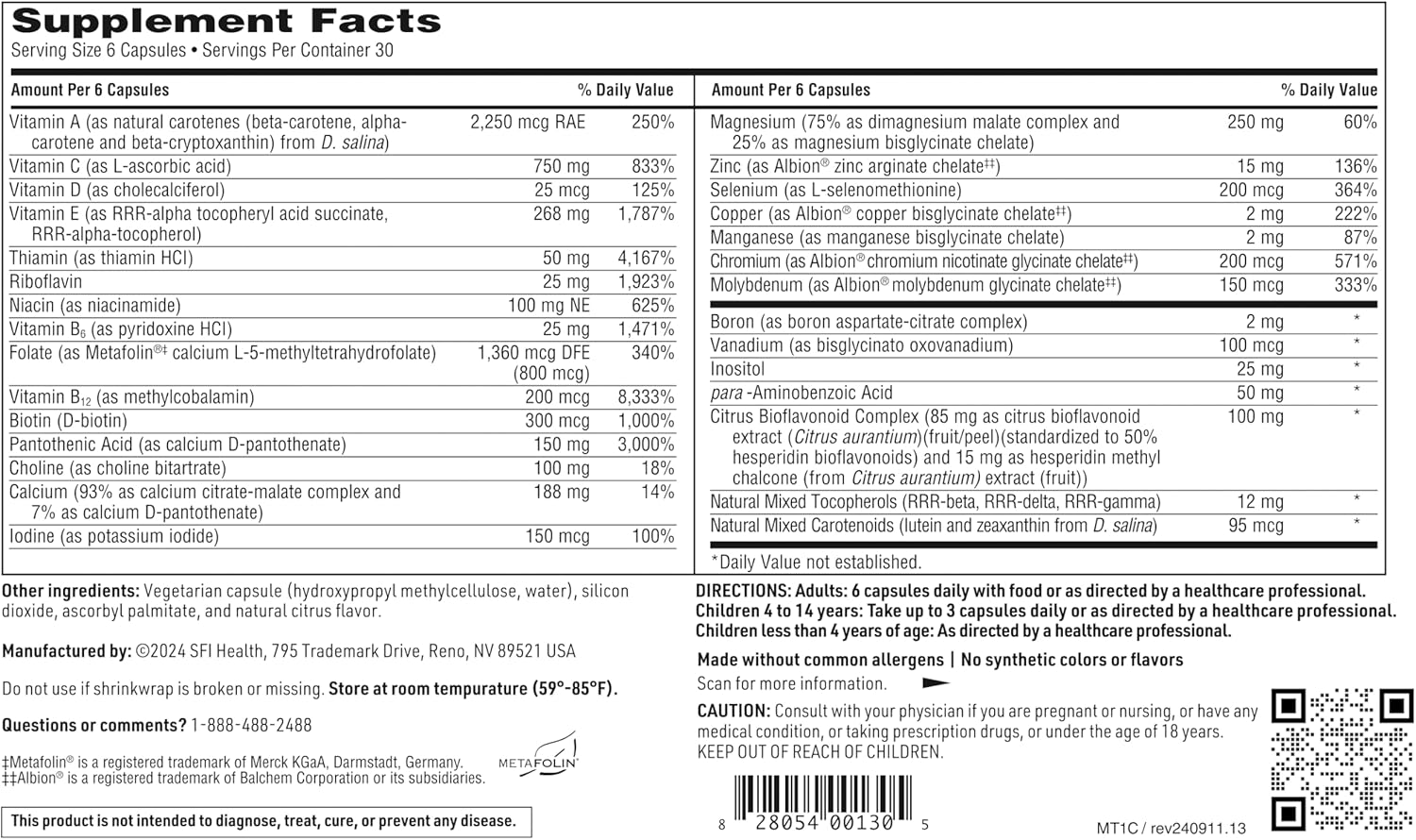 High Potency Iron-Free Multivitamin & Multimineral Capsule with Essential Micronutrients - Bioactive Folate & B12 - 180 Capsules