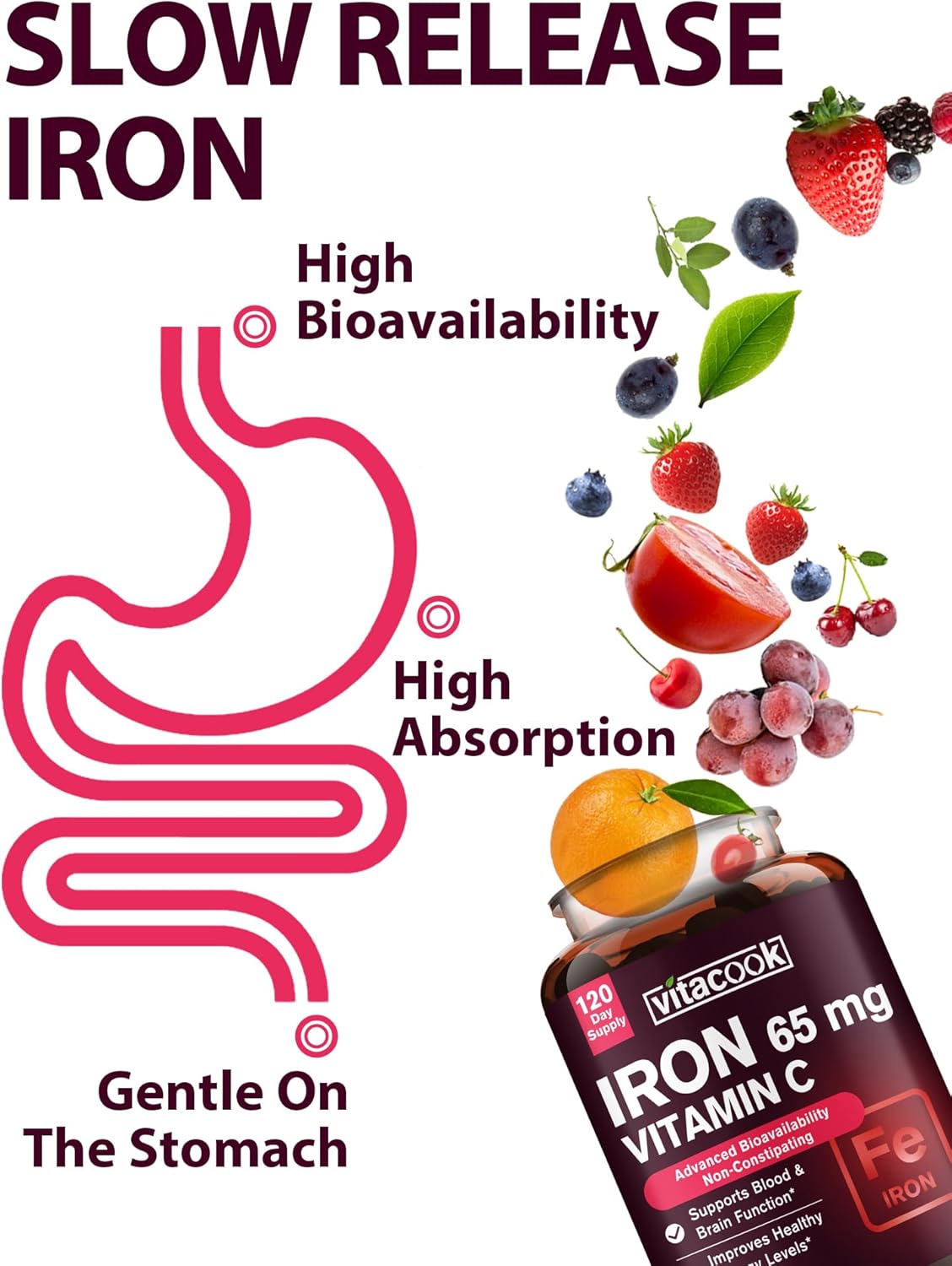 High Potency Iron Supplement with Vitamin C for Red Blood Cell Support - Vegan & Non-GMO Iron Pills for Men and Women - 120 Tablets