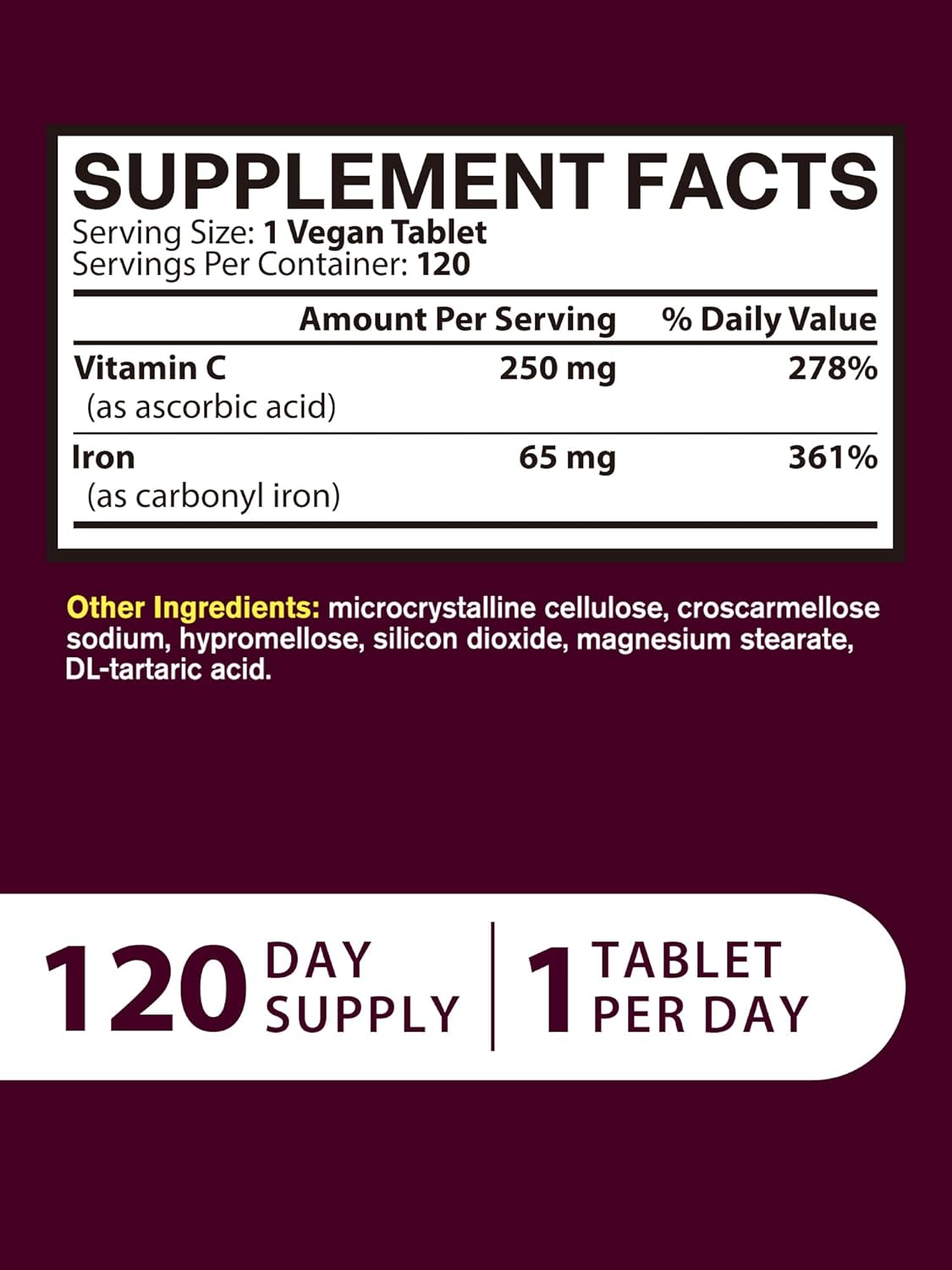High Potency Iron Supplement with Vitamin C for Red Blood Cell Support - Vegan & Non-GMO Iron Pills for Men and Women - 120 Tablets