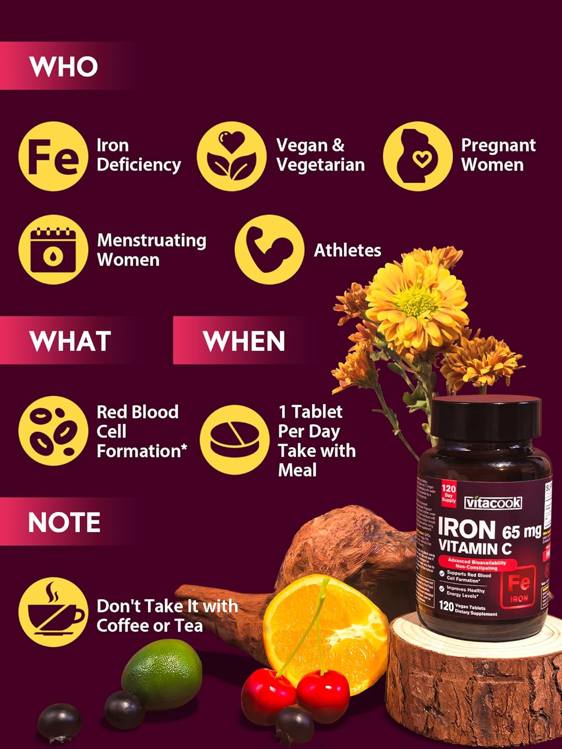 High Potency Iron Supplement with Vitamin C for Red Blood Cell Support - Vegan & Non-GMO Iron Pills for Men and Women - 120 Tablets