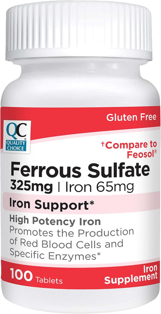 High Potency Iron Support Supplement: Quality Choice Iron 65 mg Tablets (325 mg Ferrous Sulfate) in 100 Count Bottles