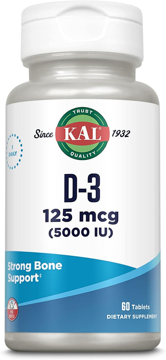 High Potency KAL Vitamin D3 5000 IU Tablets for Bone Health, Calcium Absorption & Immune Support - 60 Servings, Rapid Disintegration D-3 ActivTabs