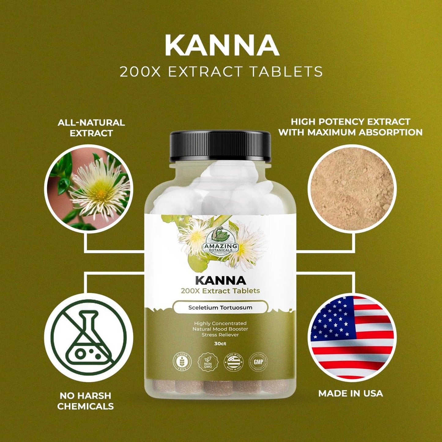 High Potency Kanna Extract Tablets - 10,000 mg Sceletium Tortuosum - Energy and Mood Booster - Immune Support - 30 Tablets