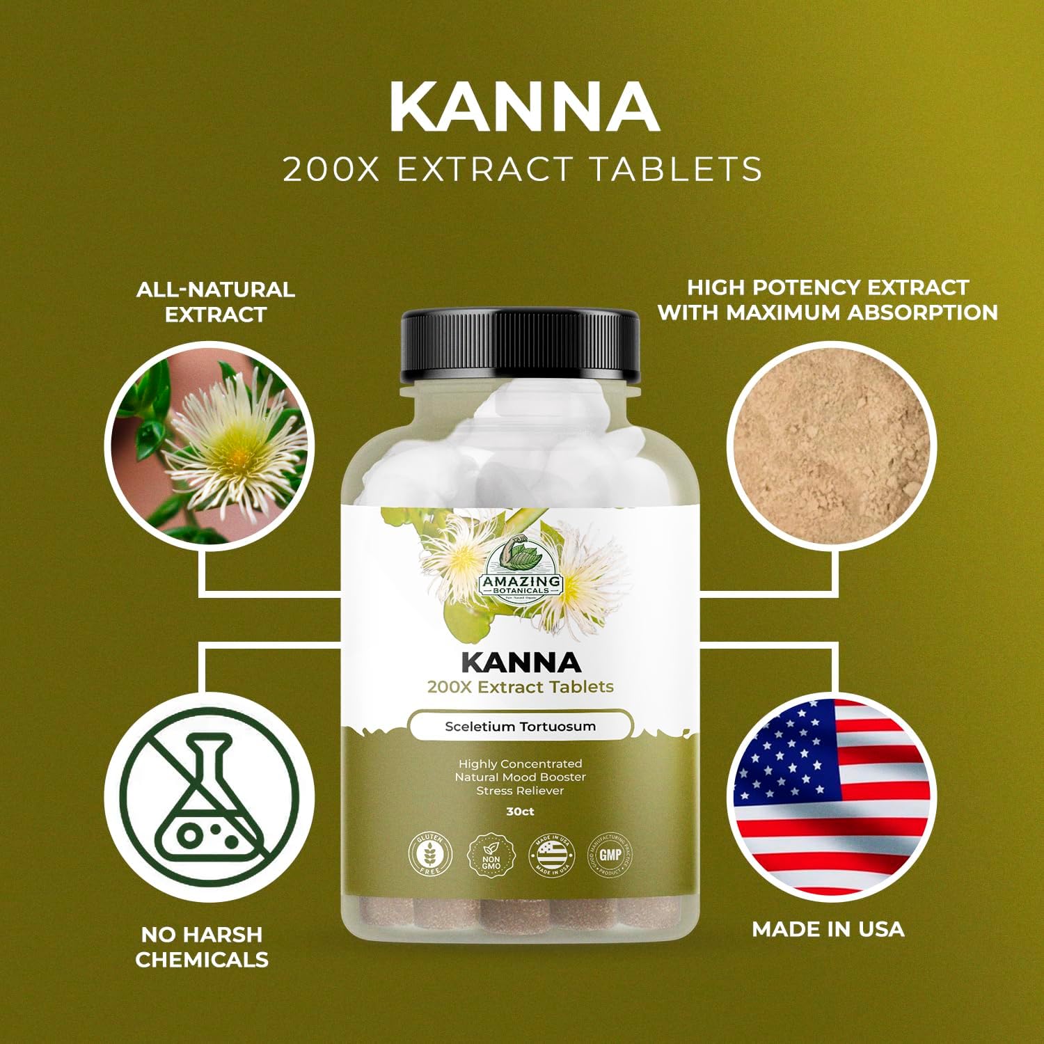 High Potency Kanna Extract Tablets - 10,000 mg Sceletium Tortuosum - Energy and Mood Booster - Immune Support - 30 Tablets