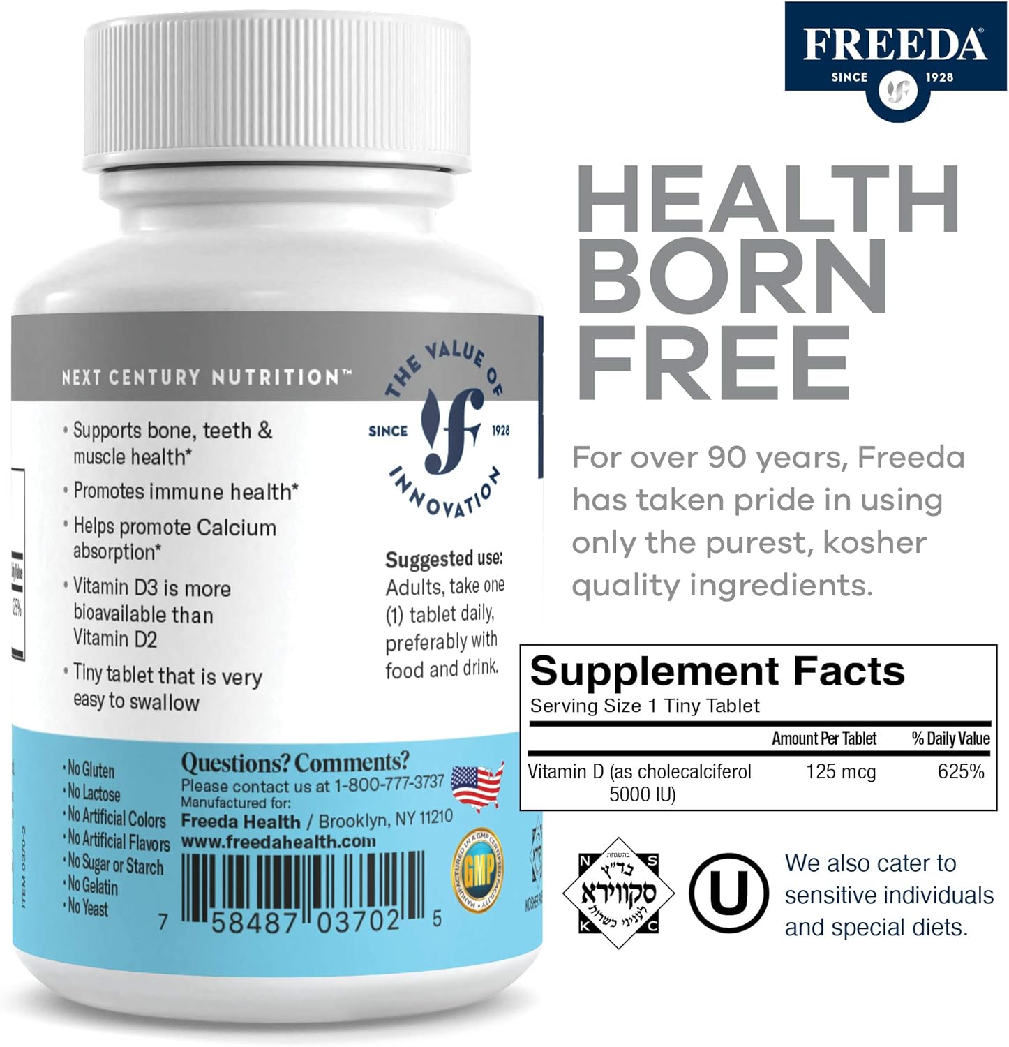 High Potency Kosher Vitamin D3-5000 IU Tablets for Bone and Muscle Health - Immune Support - 250 Count