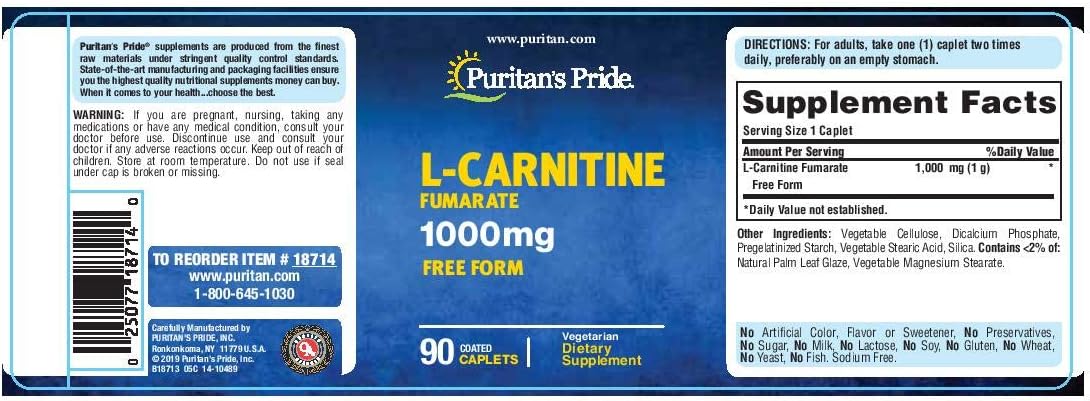 High Potency L-Carnitine Fumarate 1000mg Supplement - 90 Caplets by Puritan's Pride