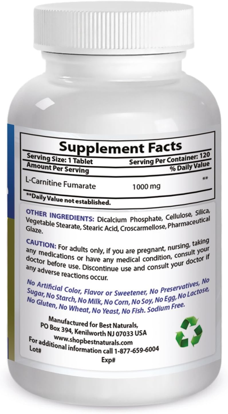 High-Potency L-Carnitine Fumarate Tablets - 1000mg - 120 Count - Enhances Cellular Energy Production