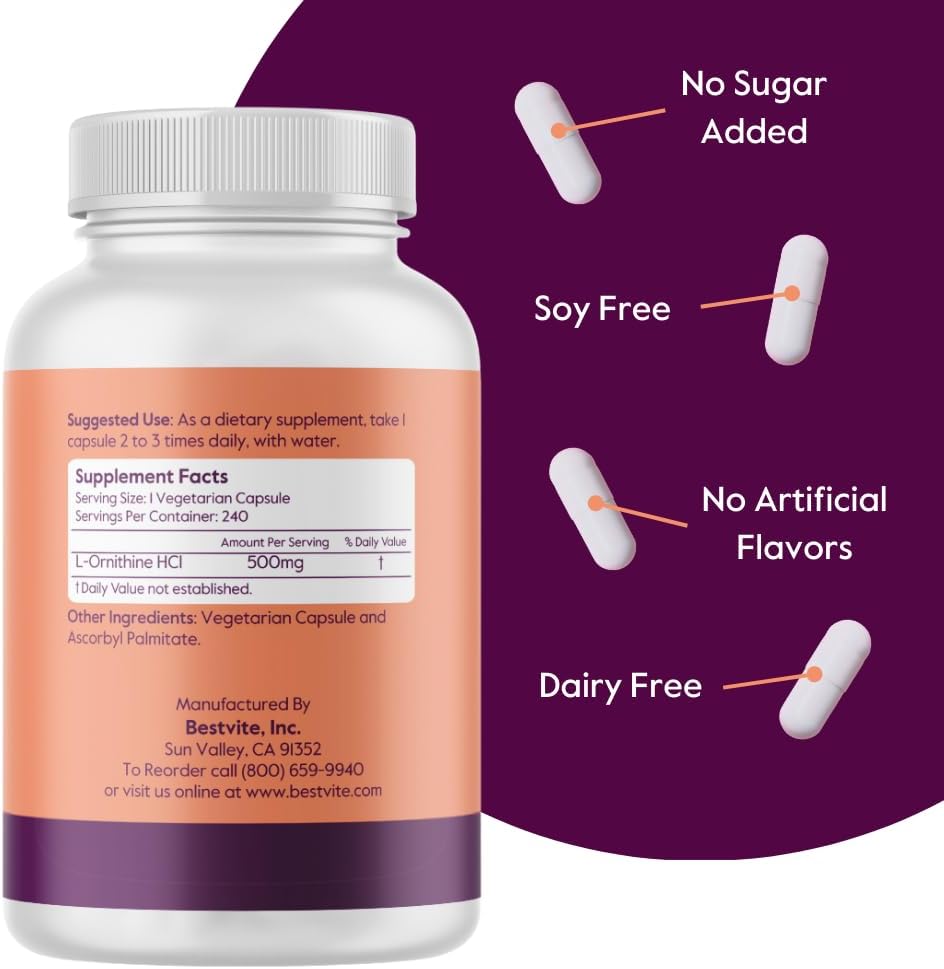 High Potency L-Ornithine 500mg Capsules - 240 Count - Vegan & Non GMO - Gluten Free - No Additives