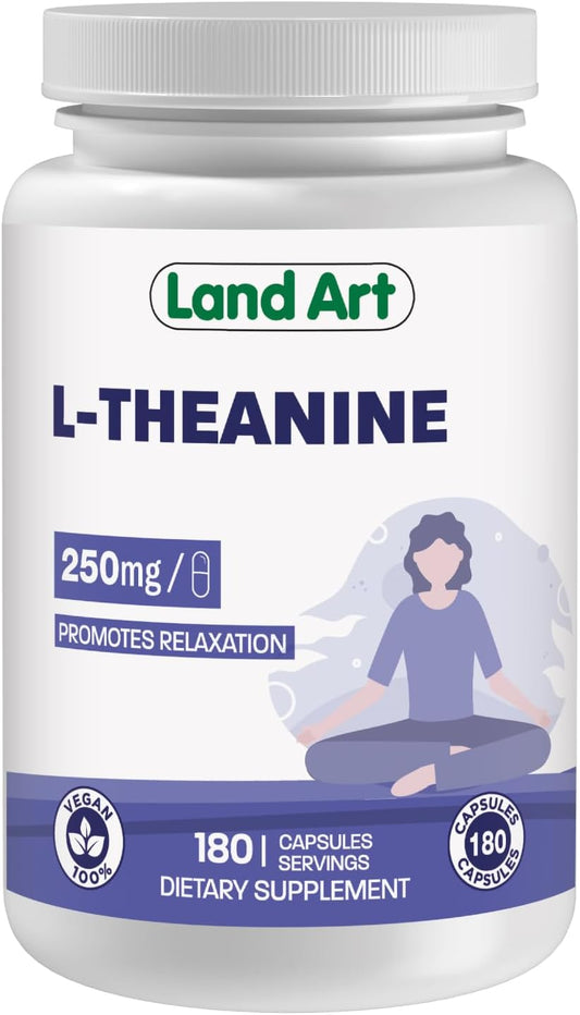 High Potency Land Art L-Theanine 250mg Vcaps - 180 Servings - Promotes Relaxation - Vegan Friendly - Bonus Size