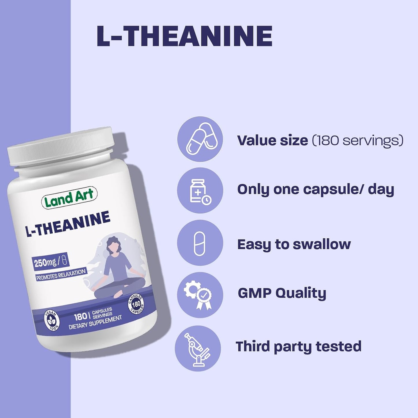 High Potency Land Art L-Theanine 250mg Vcaps - 180 Servings - Promotes Relaxation - Vegan Friendly - Bonus Size
