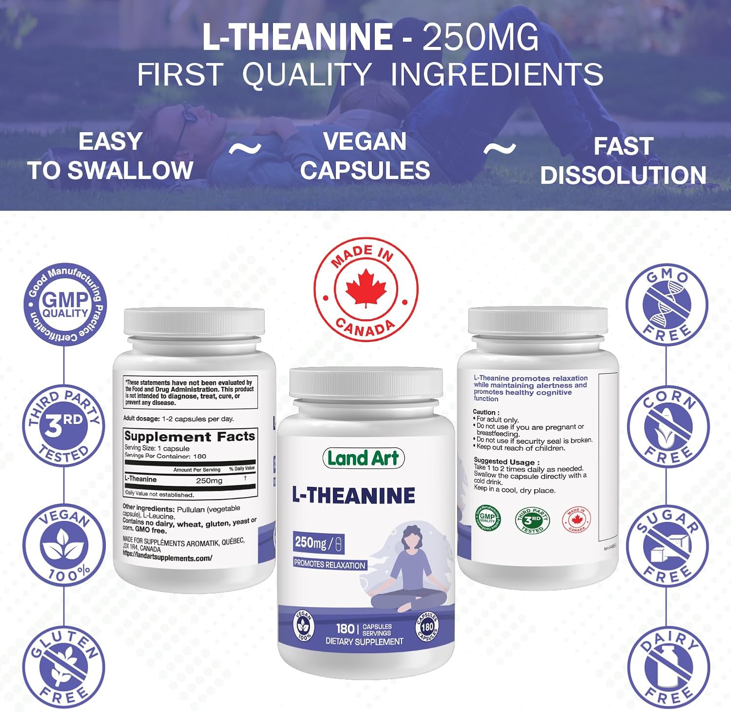 High Potency Land Art L-Theanine 250mg Vcaps - 180 Servings - Promotes Relaxation - Vegan Friendly - Bonus Size