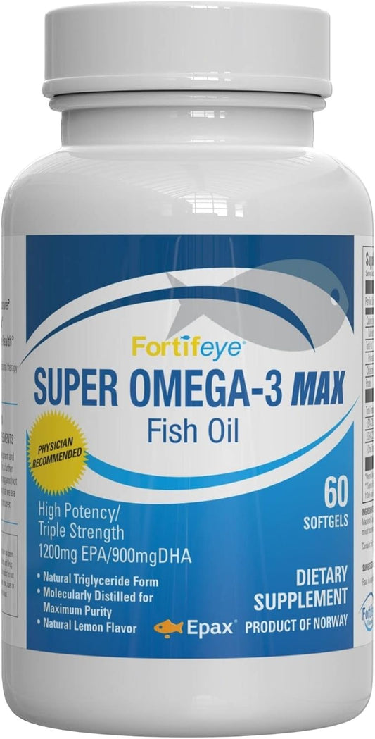High Potency Lemon-Flavored Fortifeye Vitamins Super Omega-3 Max Fish Oil - 2400mg Omega-3 with EPA and DHA - 30 Servings