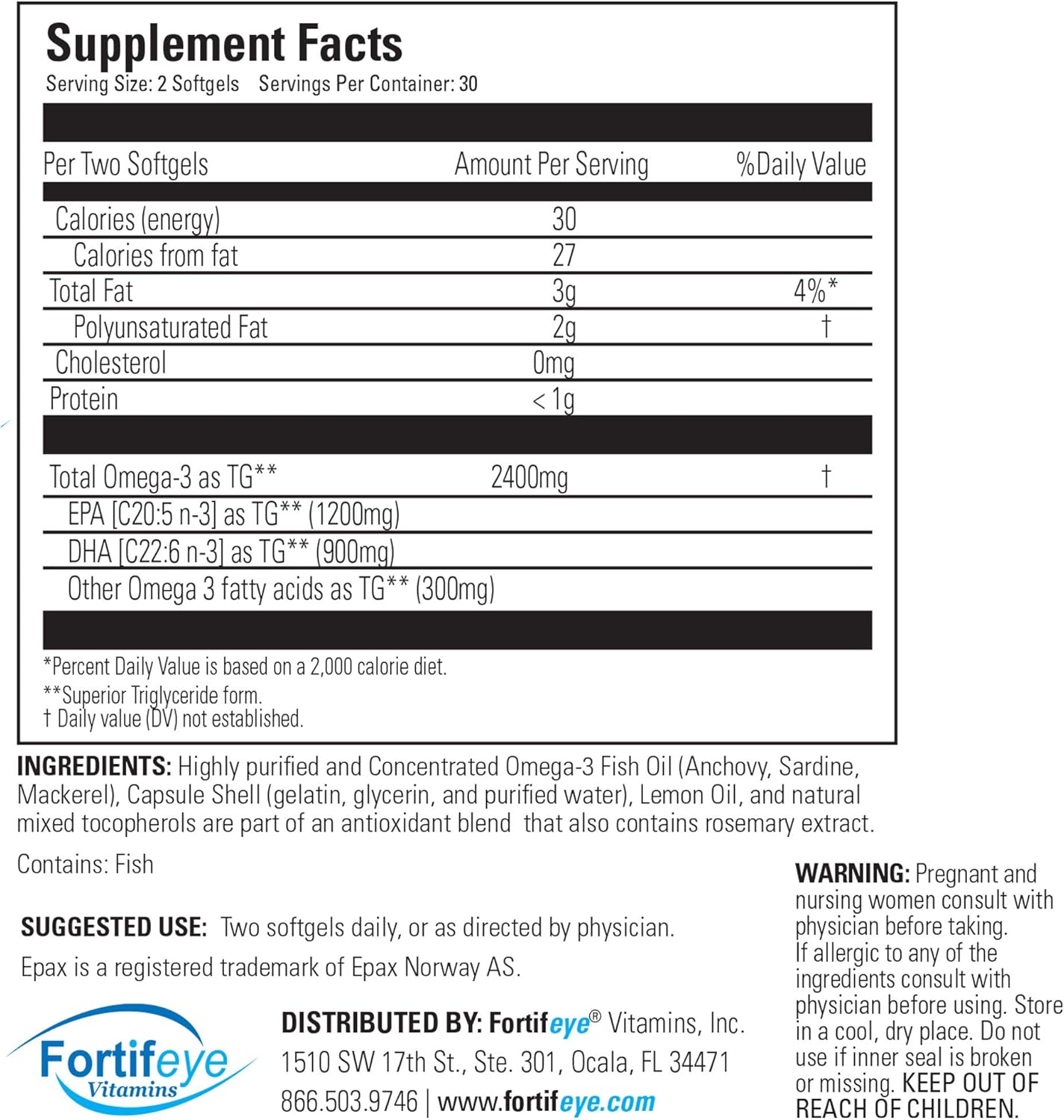 High Potency Lemon-Flavored Fortifeye Vitamins Super Omega-3 Max Fish Oil - 2400mg Omega-3 with EPA and DHA - 30 Servings