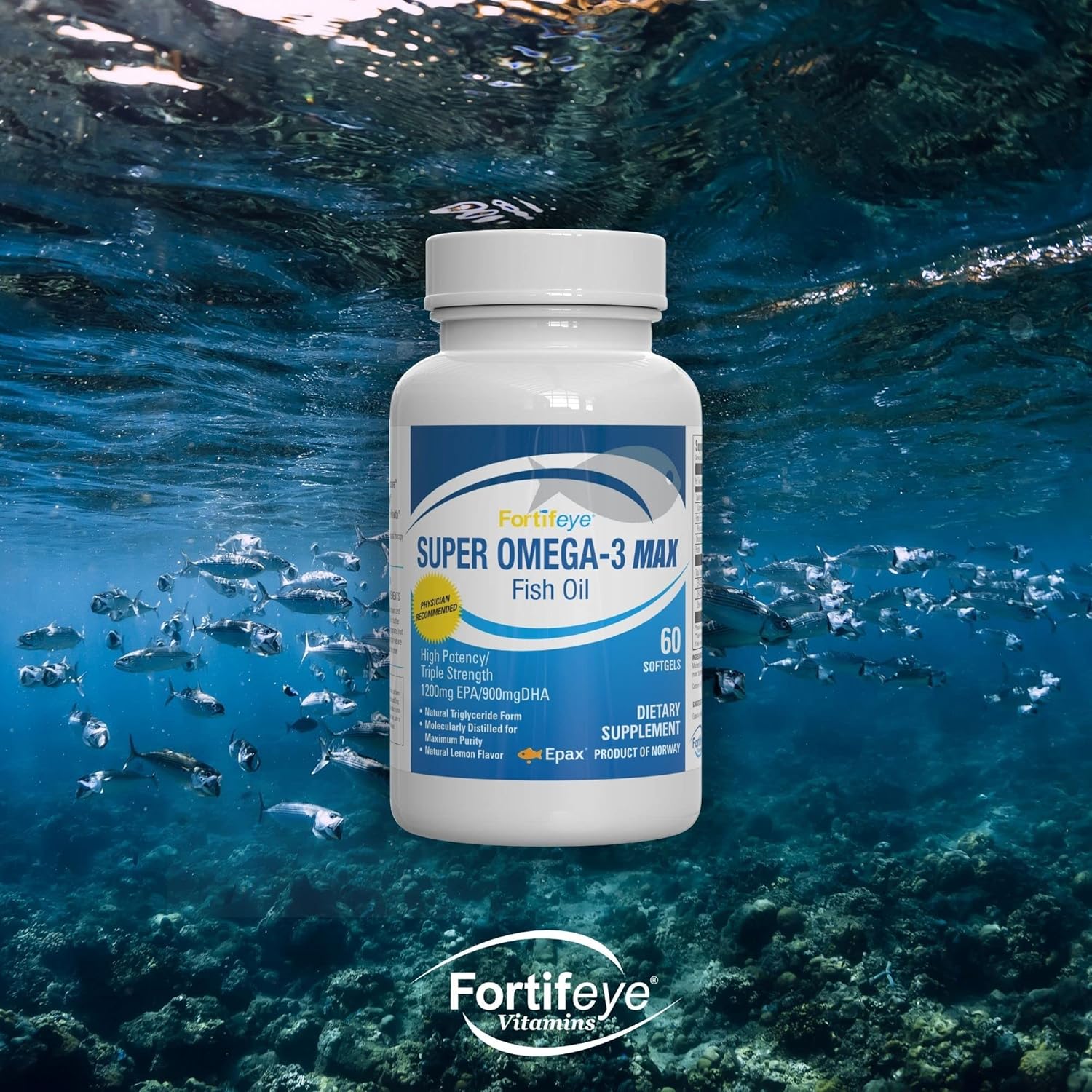 High Potency Lemon-Flavored Fortifeye Vitamins Super Omega-3 Max Fish Oil - 2400mg Omega-3 with EPA and DHA - 30 Servings