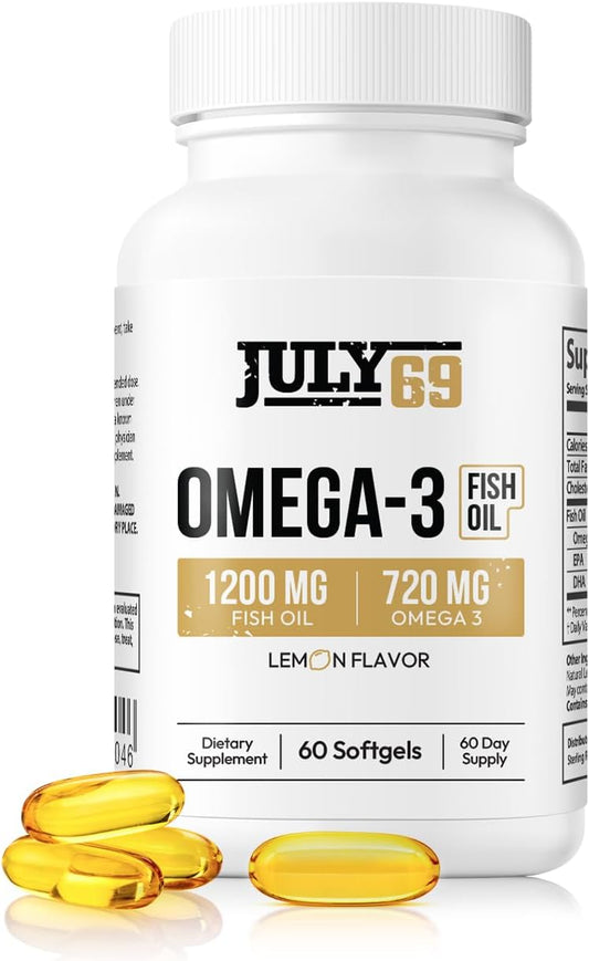 High Potency Lemon Flavored Omega 3 Fish Oil Softgels - 1200 MG Fish Oil, 720 MG Omega 3, 60 Softgels for Strength & Health in Men & Women