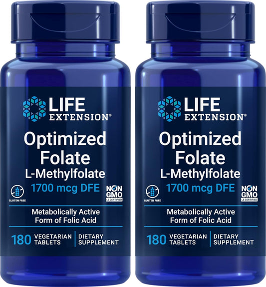 High Potency Life Extension Optimized Folate (L-Methylfolate) 1700 mcg DFE, 360 Veg Tablets (2 Pack)