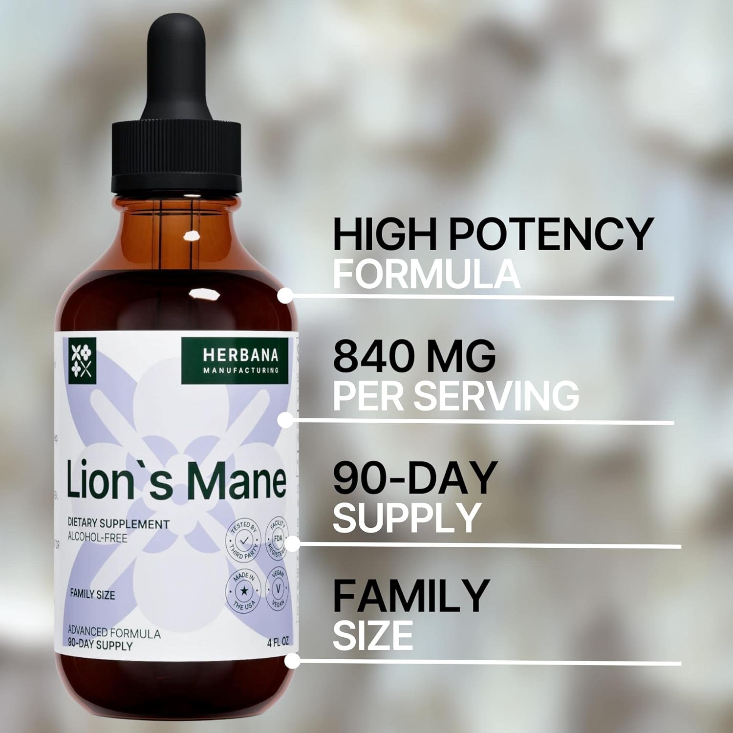 High Potency Lion's Mane Mushroom Liquid Extract for Brain, Memory, and Immune Support - 4 fl oz Tincture - Natural Drops for Mental Clarity and Focus - 90-Day Supply
