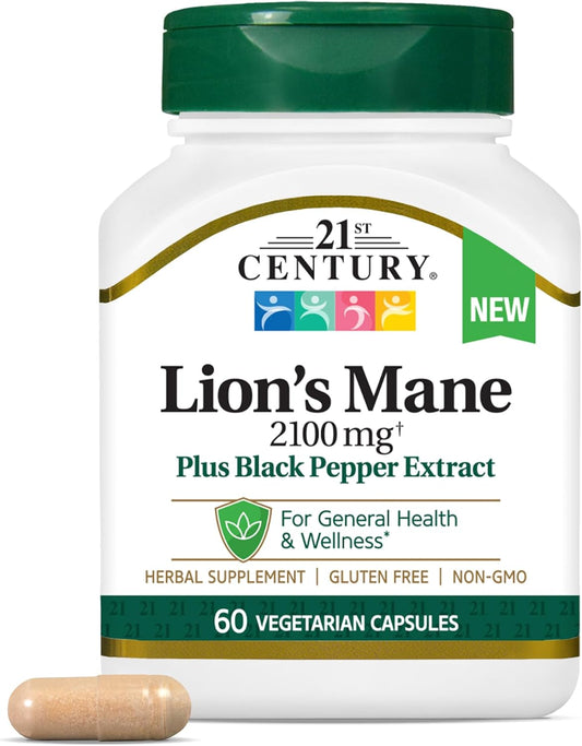 High Potency Lion's Mane Mushroom Supplement with Black Pepper Extract - 2,100mg, 60 Capsules - Vegetarian Formula