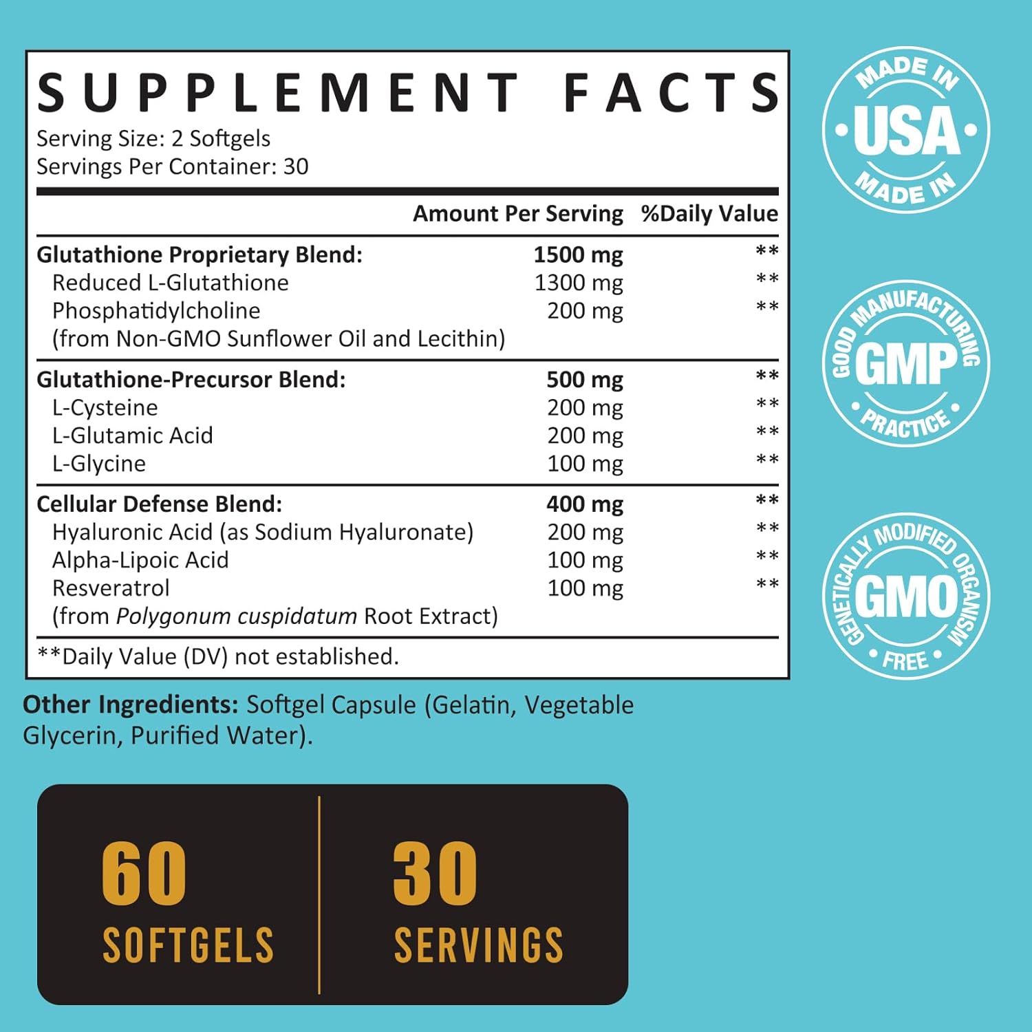 High Potency Liposomal Glutathione Softgels with Hyaluronic Acid & Resveratrol - 2400mg, 480 Softgels for Detox & Immune Support