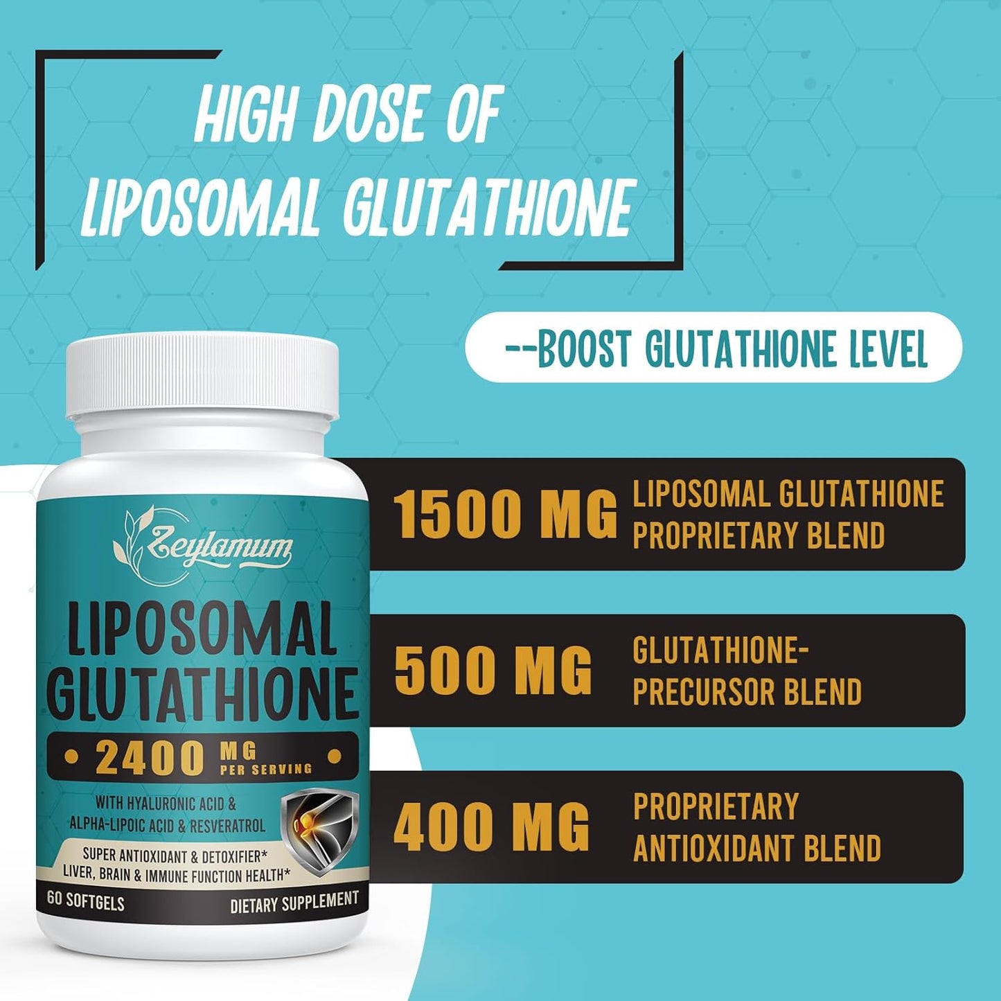 High Potency Liposomal Glutathione Softgels with Hyaluronic Acid & Resveratrol - 2400mg, 480 Softgels for Detox & Immune Support