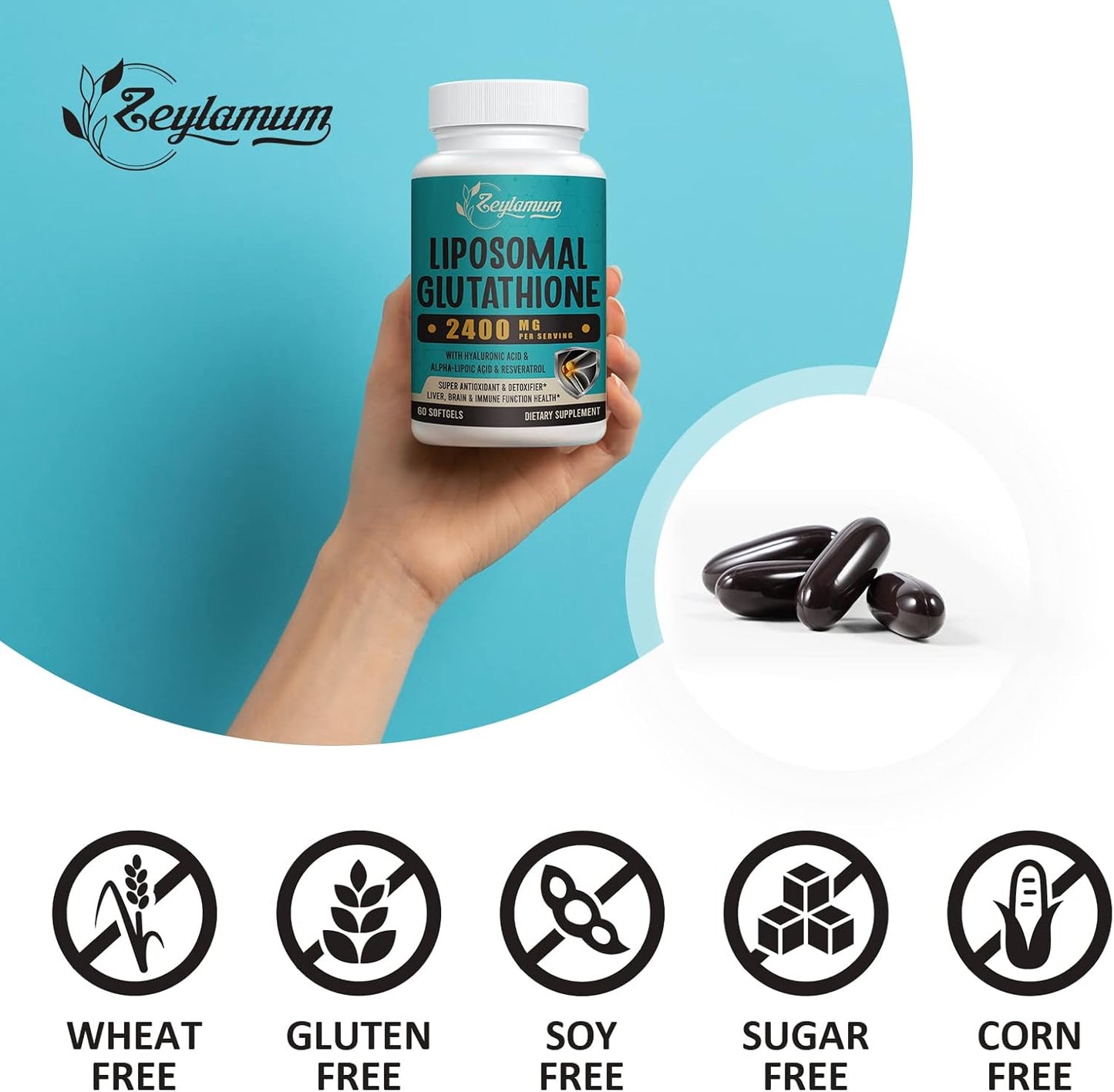 High Potency Liposomal Glutathione Softgels with Hyaluronic Acid & Resveratrol - 2400mg, 480 Softgels for Detox & Immune Support