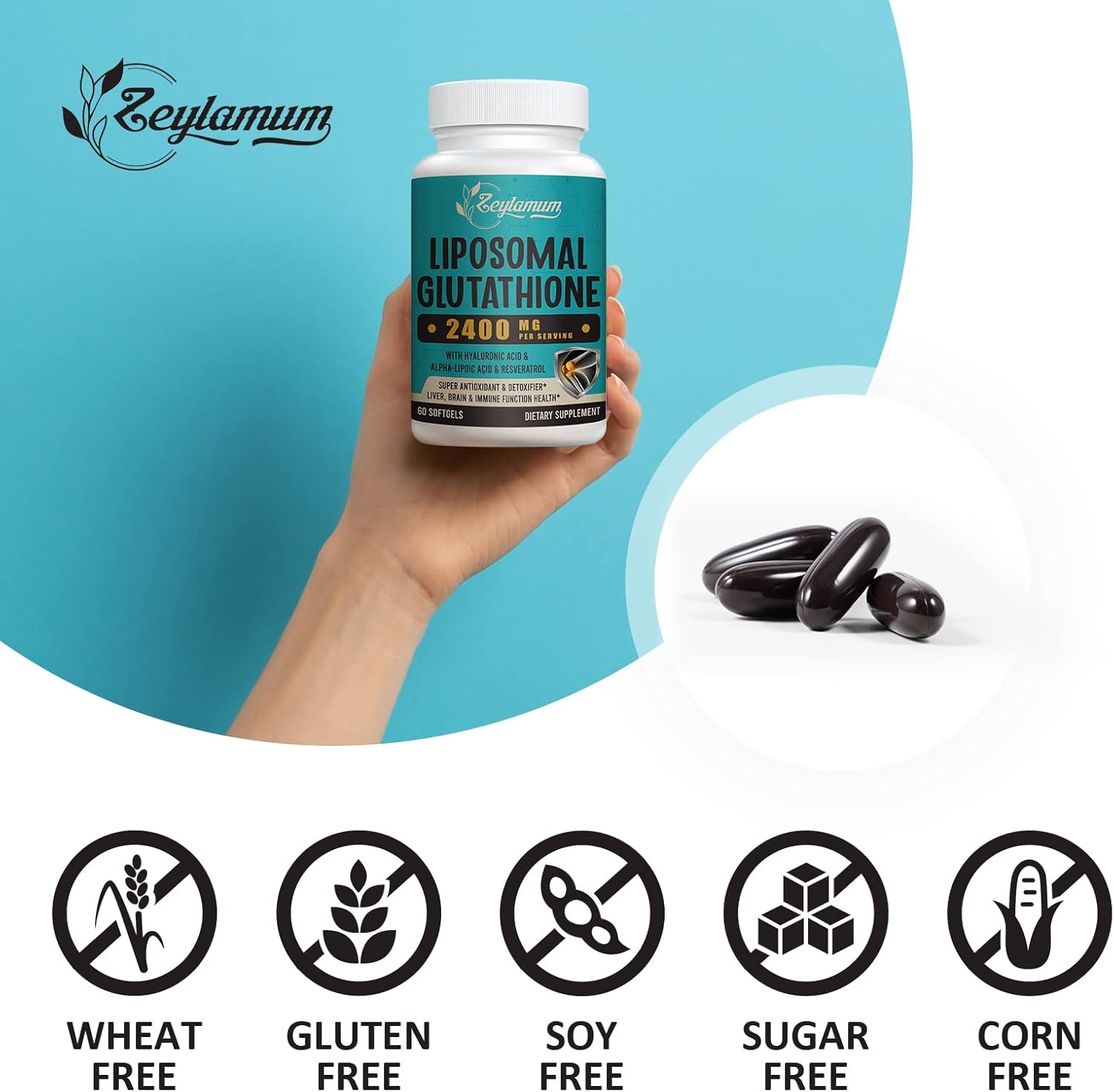 High Potency Liposomal Glutathione Softgels with Hyaluronic Acid & Resveratrol - 2400mg, 480 Softgels for Detox & Immune Support