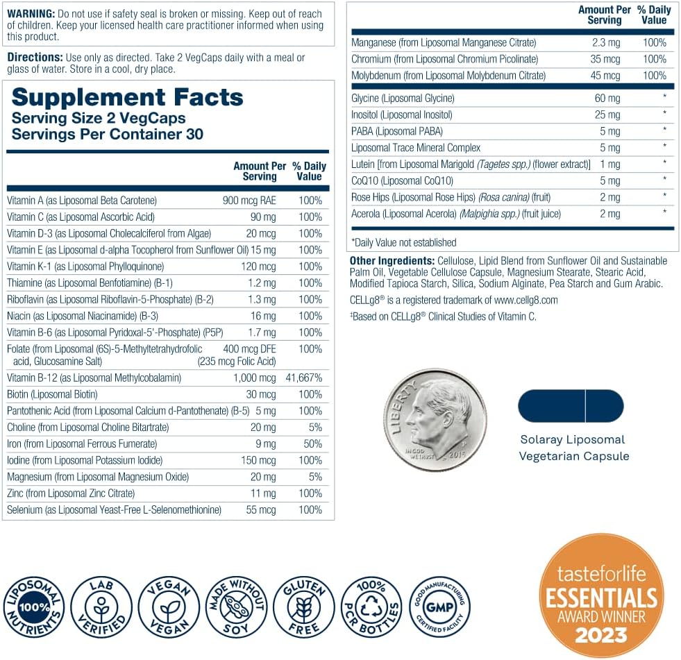 High Potency Liposomal Multivitamin for Men & Women - Enhanced Absorption Vitamin C, D, Biotin, Methyl B-12 - Odor Neutral & Gentle Digestion - 30 Servings, 60 VegCaps