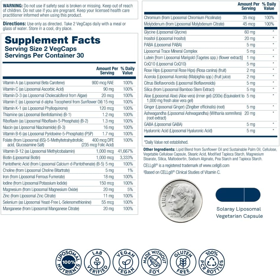 High Potency Liposomal Multivitamin for Women with Iron, Vitamin D, B12, Biotin, CoQ10 - Vegan, Immune Support, Bone Health - 30 Servings, 60 VegCaps
