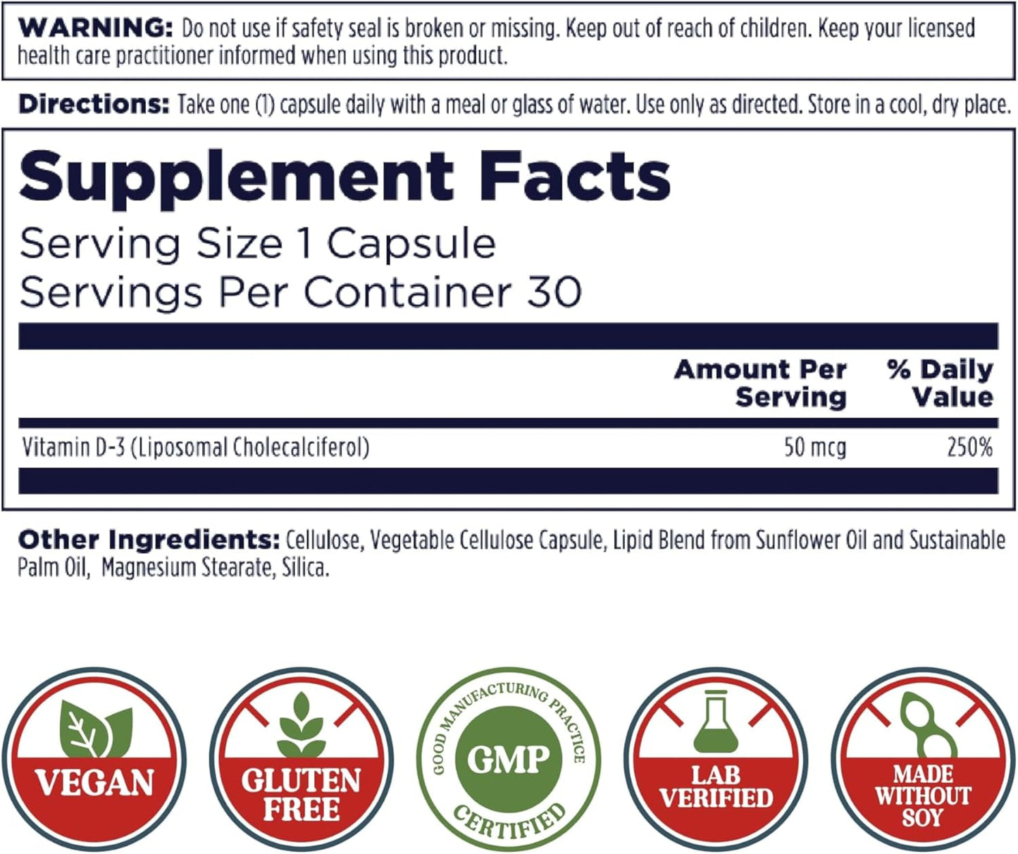High Potency Liposomal Vitamin D3 Capsules, 50 mcg, Immune Support, Vegan & Gluten-Free, 30 Servings