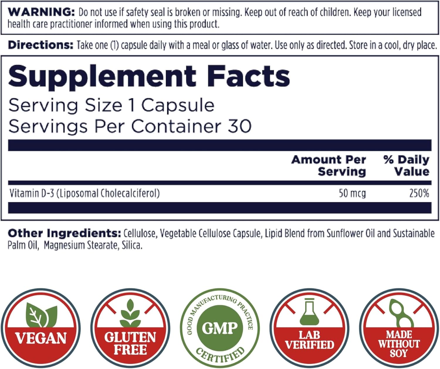 High Potency Liposomal Vitamin D3 Capsules, 50 mcg, Immune Support, Vegan & Gluten-Free, 30 Servings