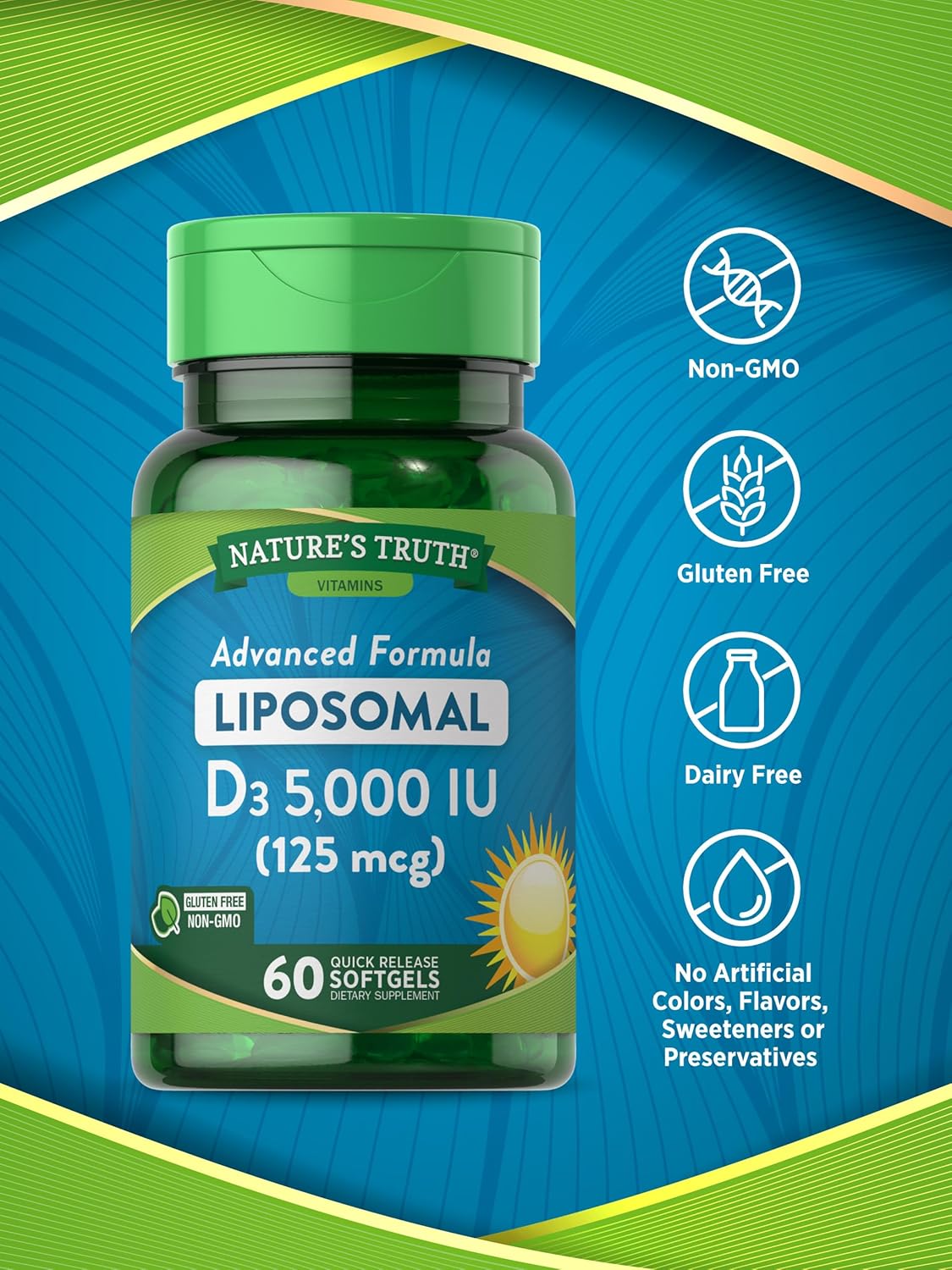 High Potency Liposomal Vitamin D3 Softgels - 5000 IU - 60 Count - Non-GMO & Gluten Free Formula