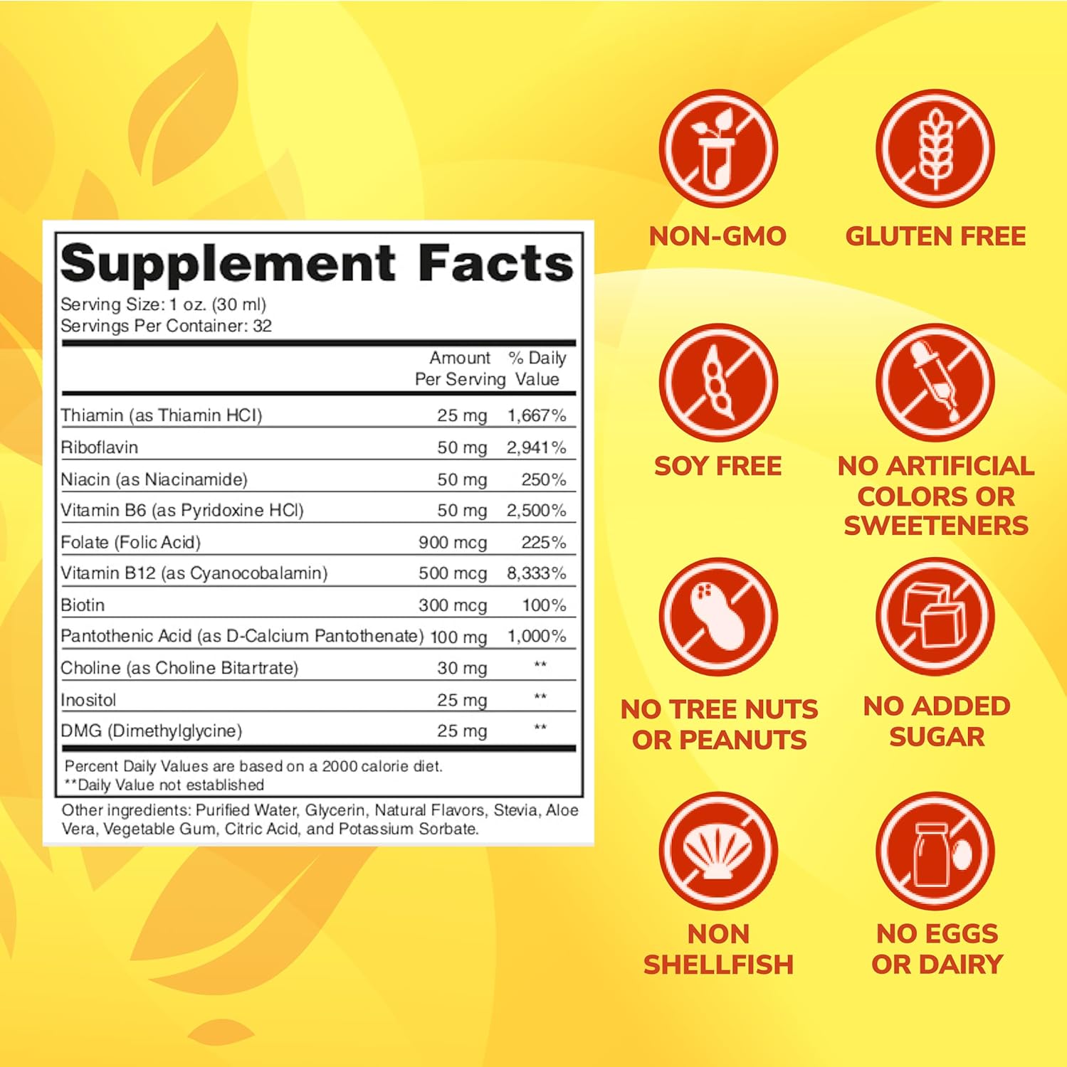 High Potency Liquid B-Complex Vitamin Supplement | 500mg B12, 50mg B6 | 32oz Bottle | Energy Boost & Stress Relief