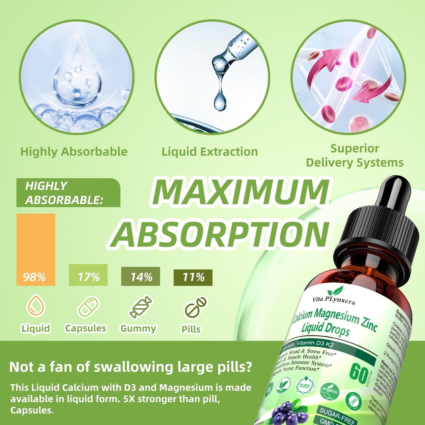 High Potency Liquid Calcium Magnesium Drops with Vitamin D3, K2, B6, Omega-3 for Bone, Muscle, Relaxation & Sleep