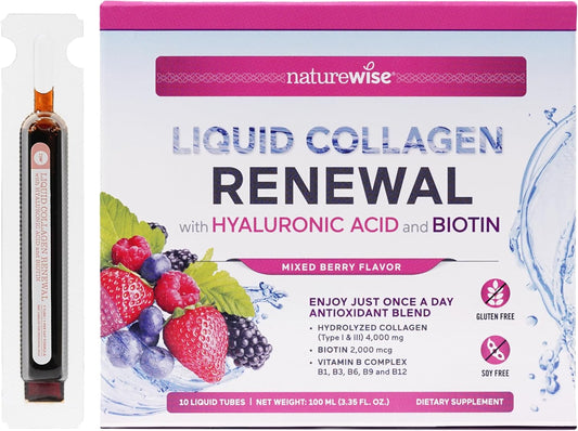 High-Potency Liquid Collagen with Biotin for Hair, Skin, and Nails - Mixed Berry Flavor - 10 Tubes
