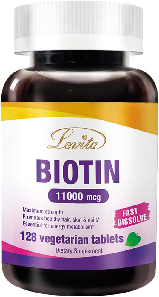 High Potency Lovita Biotin 11000mcg Tablets for Hair, Skin, and Nails Growth - 128 Vegetarian Dissolvable Tablets
