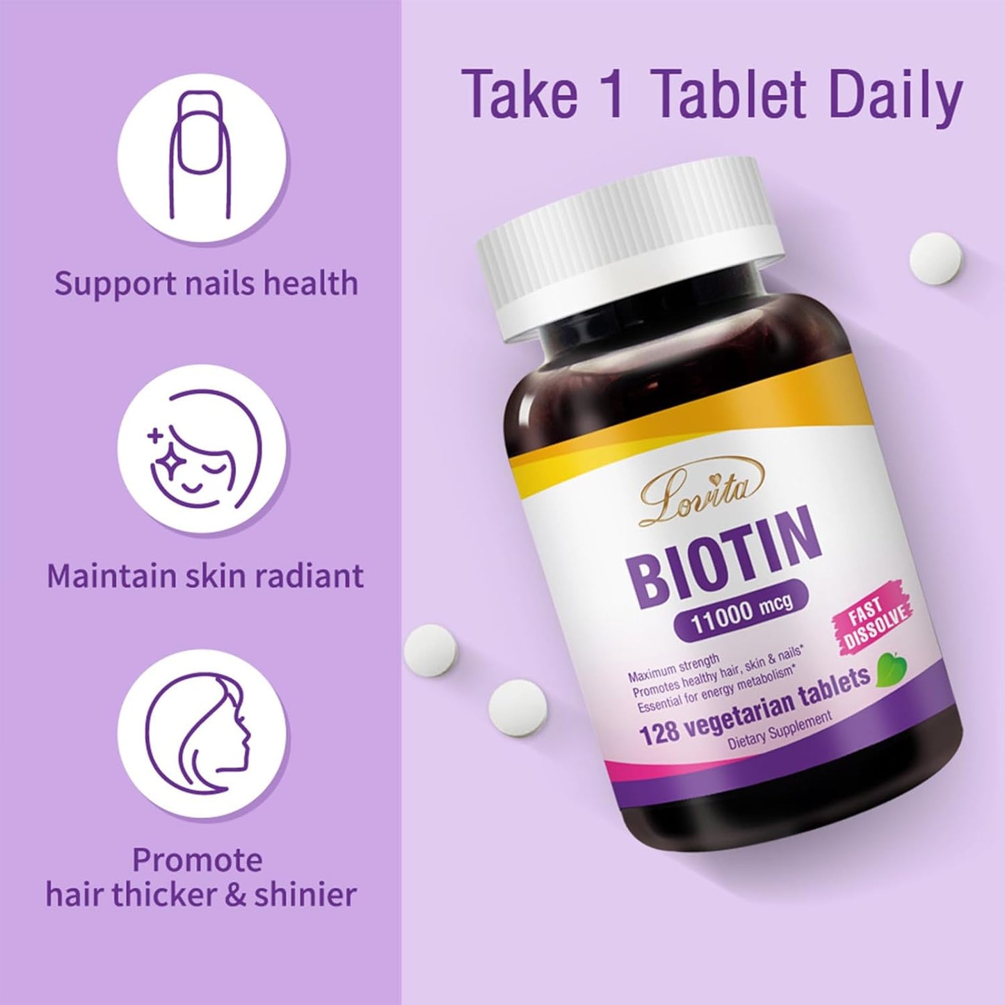 High Potency Lovita Biotin 11000mcg Tablets for Hair, Skin, and Nails Growth - 128 Vegetarian Dissolvable Tablets