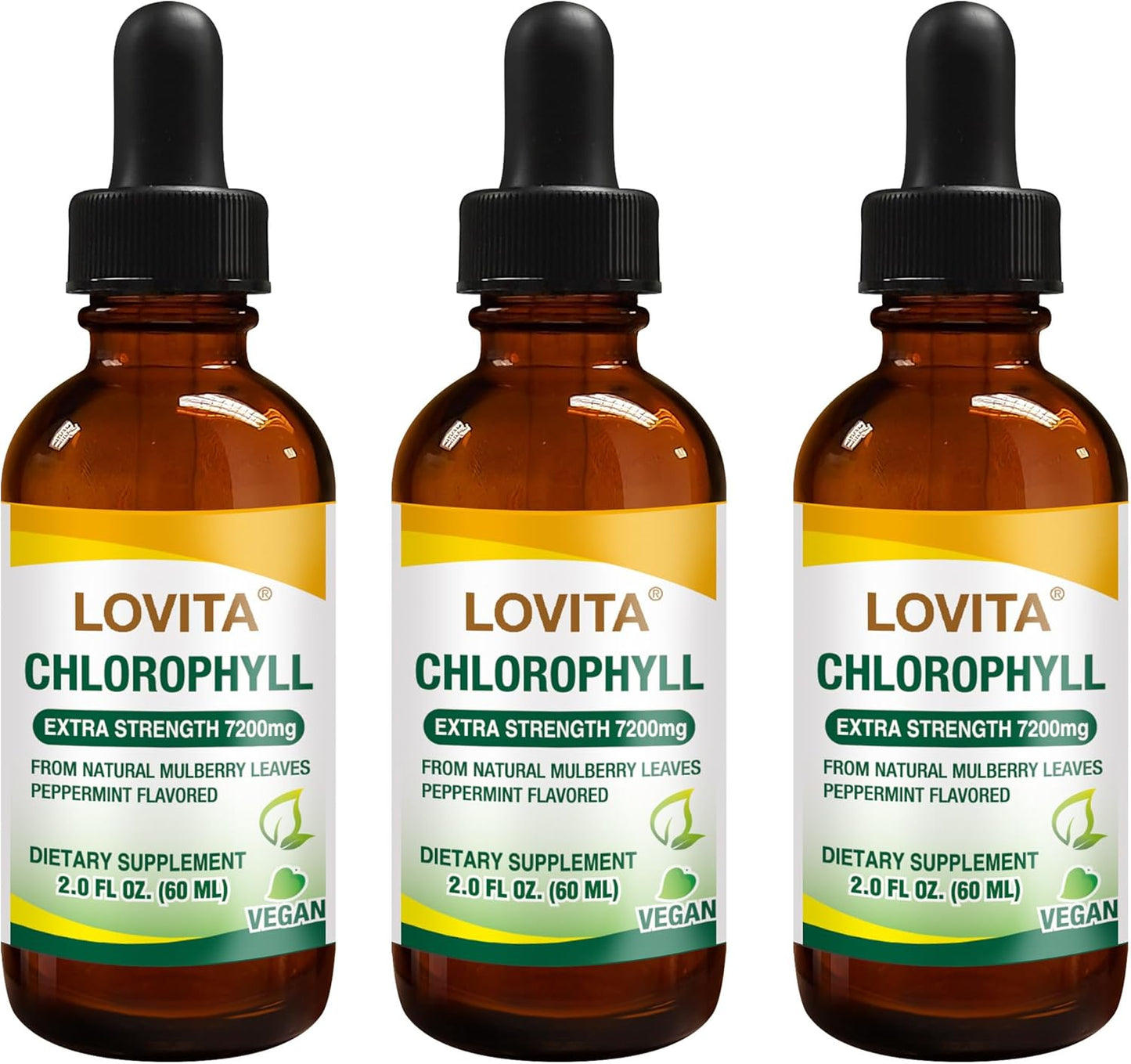High Potency Lovita Chlorophyll Liquid Concentrate - Internal Deodorant, Skin Health, Energy Booster, Immune Support - 120mg/mL - Natural Mulberry Leaf - 2 Fl Oz x 3 Pack