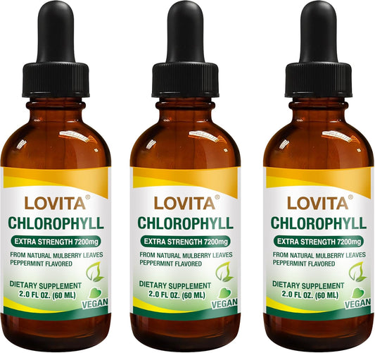 High Potency Lovita Chlorophyll Liquid Concentrate - Internal Deodorant, Skin Health, Energy Booster, Immune Support - 120mg/mL - Natural Mulberry Leaf - 2 Fl Oz x 3 Pack
