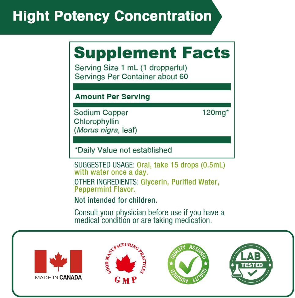 High Potency Lovita Chlorophyll Liquid Concentrate - Internal Deodorant, Skin Health, Energy Booster, Immune Support - 120mg/mL - Natural Mulberry Leaf - 2 Fl Oz x 3 Pack