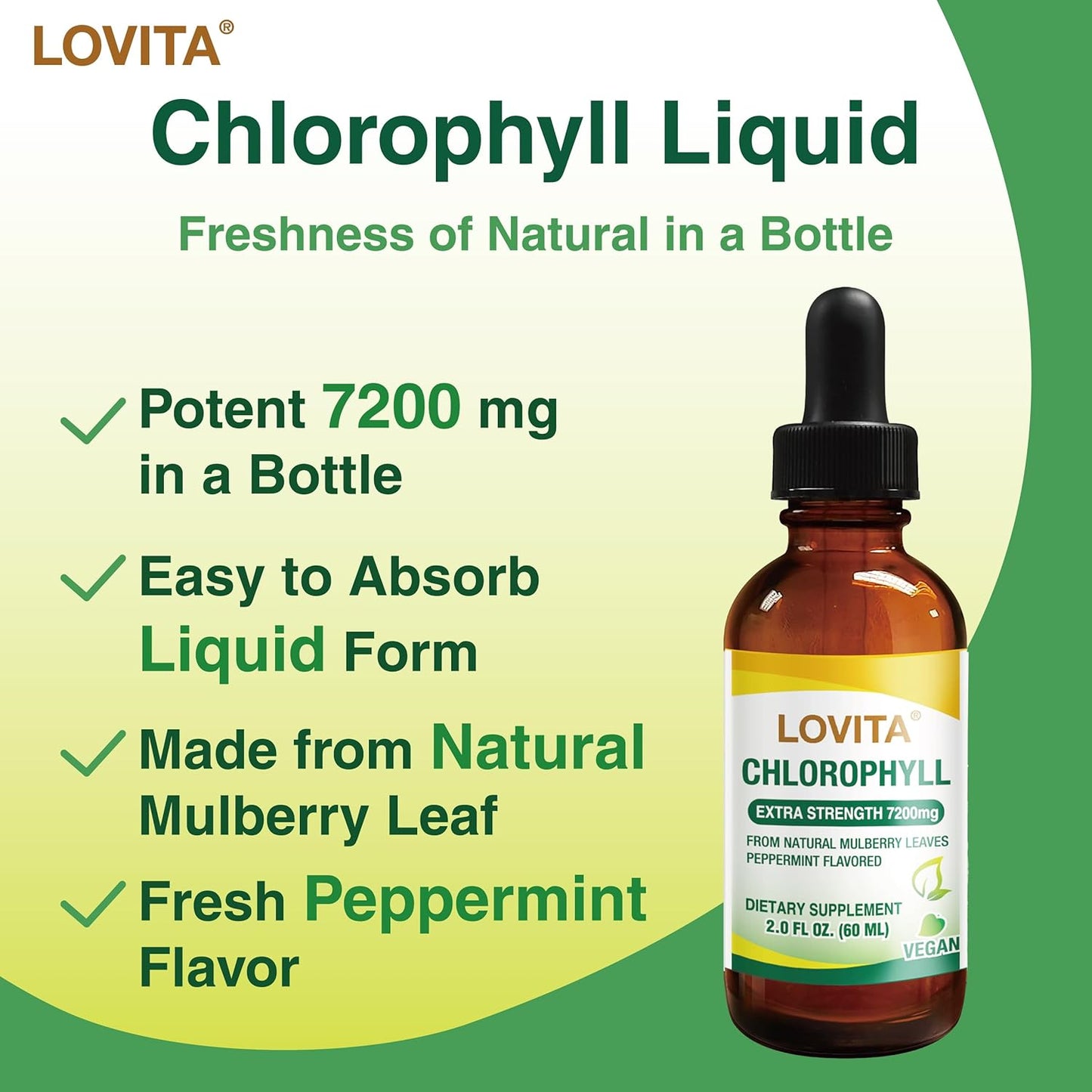 High Potency Lovita Chlorophyll Liquid Concentrate - Internal Deodorant, Skin Health, Energy Booster, Immune Support - 120mg/mL - Natural Mulberry Leaf - 2 Fl Oz x 3 Pack
