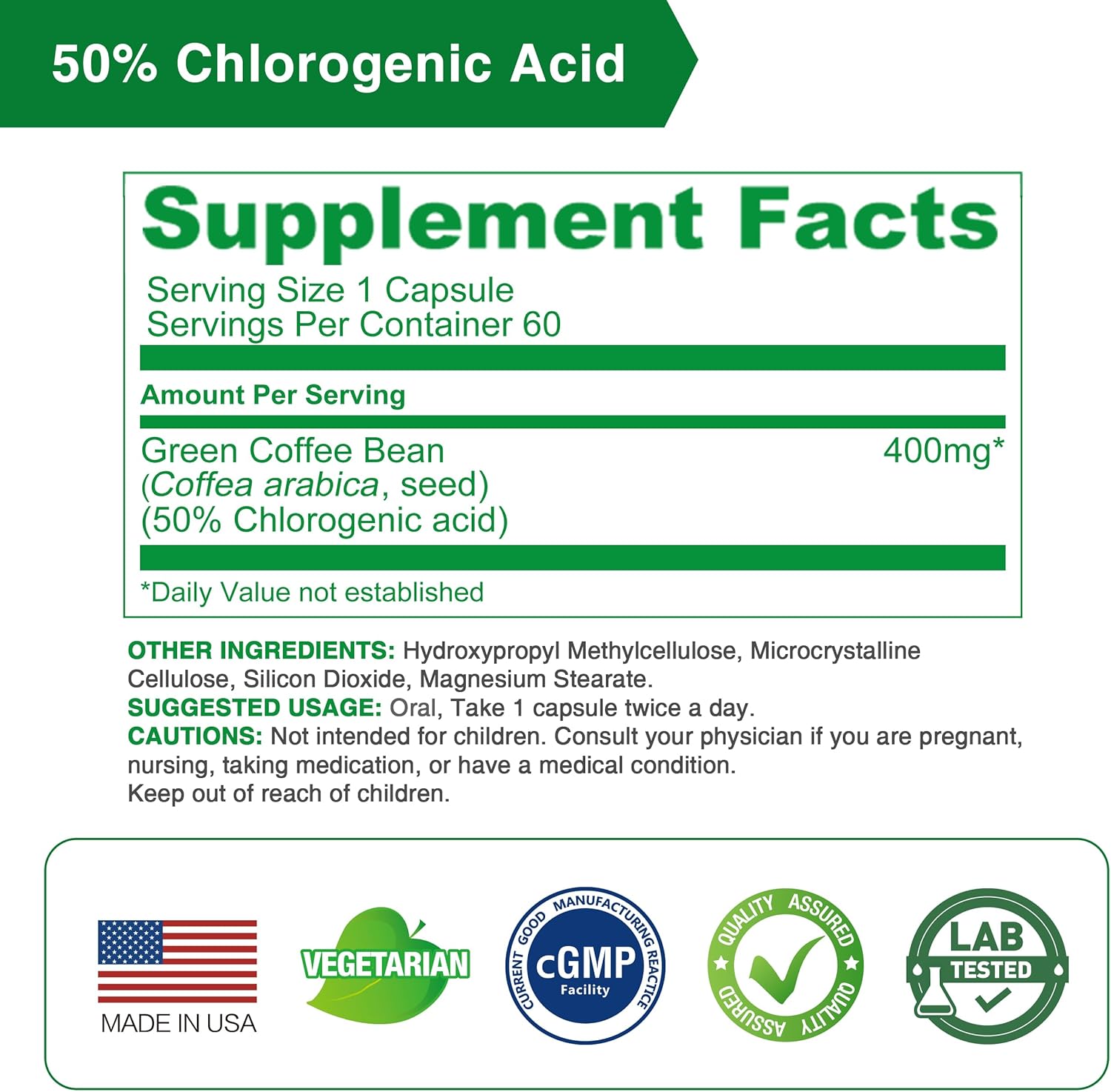 High Potency Lovita Green Coffee Bean Extract - 1600mg, 50% Chlorogenic Acid, Natural Antioxidant Vegan Supplement - 60 Capsules